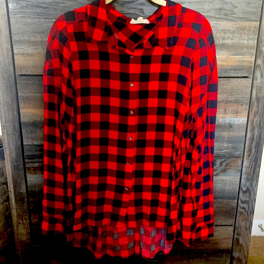 High Low Red Buffalo Plaid Blouse